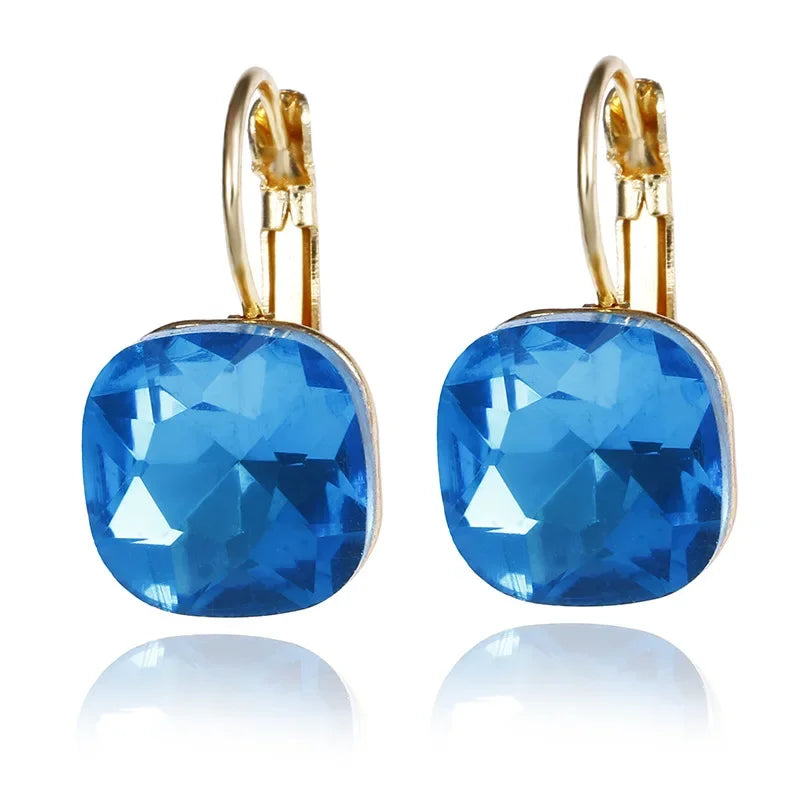 Gold Color Square White Pink Blue Green Purple Austrian Crystal Rhinestone Stud Earrings for Women Fashion Jewelry Gifts 2024