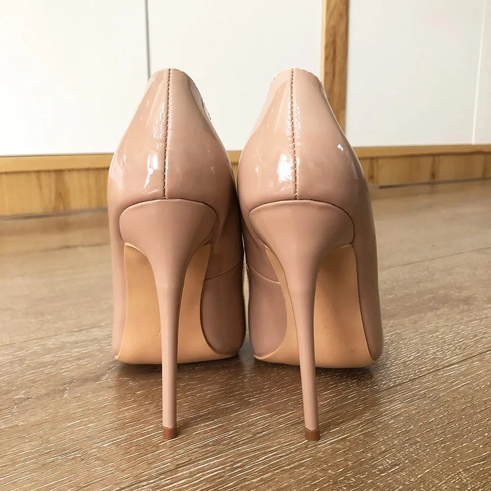 Tikicup Solid Nude Patent Women Pointy Toe Stiletto High Heels Slip On OL Wedding Party Dress Shoes Elegant Ladies Formal Pumps