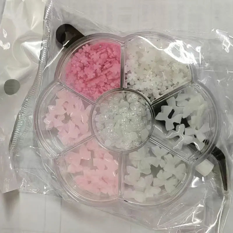 1box 3D Flower Bow Nail Art Decorations Kit Pink/White Acrylic Floral/Peal Beads Nail Charm with Wax Pen/Tweezer 4/6mm Nail Part
