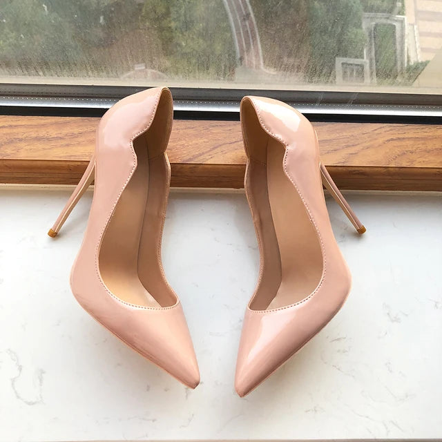Tikicup Solid Nude Patent Women Pointy Toe Stiletto High Heels Slip On OL Wedding Party Dress Shoes Elegant Ladies Formal Pumps