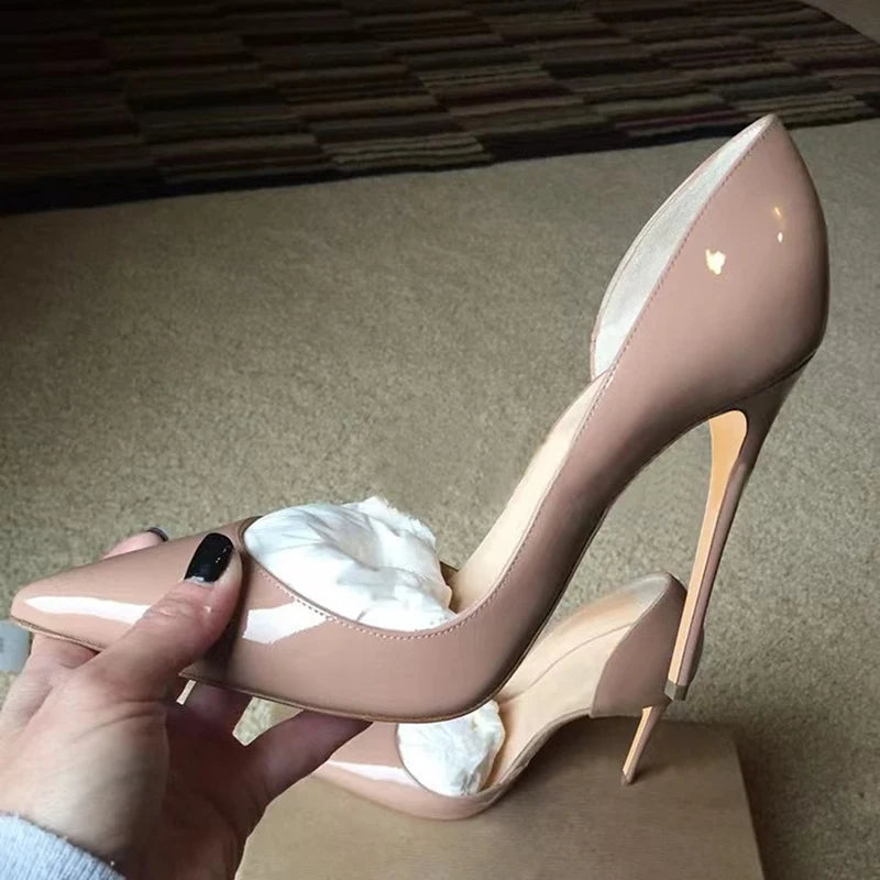 Tikicup Solid Nude Patent Women Pointy Toe Stiletto High Heels Slip On OL Wedding Party Dress Shoes Elegant Ladies Formal Pumps