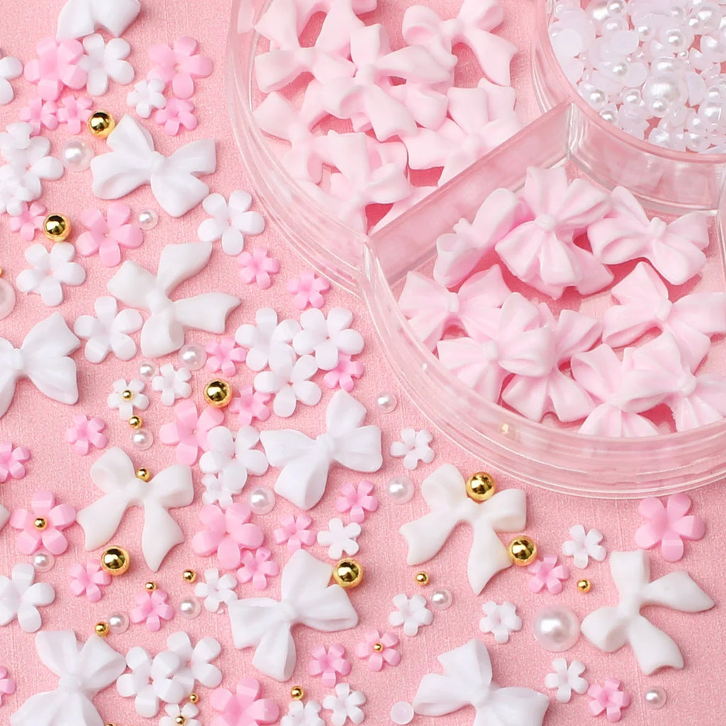 1box 3D Flower Bow Nail Art Decorations Kit Pink/White Acrylic Floral/Peal Beads Nail Charm with Wax Pen/Tweezer 4/6mm Nail Part