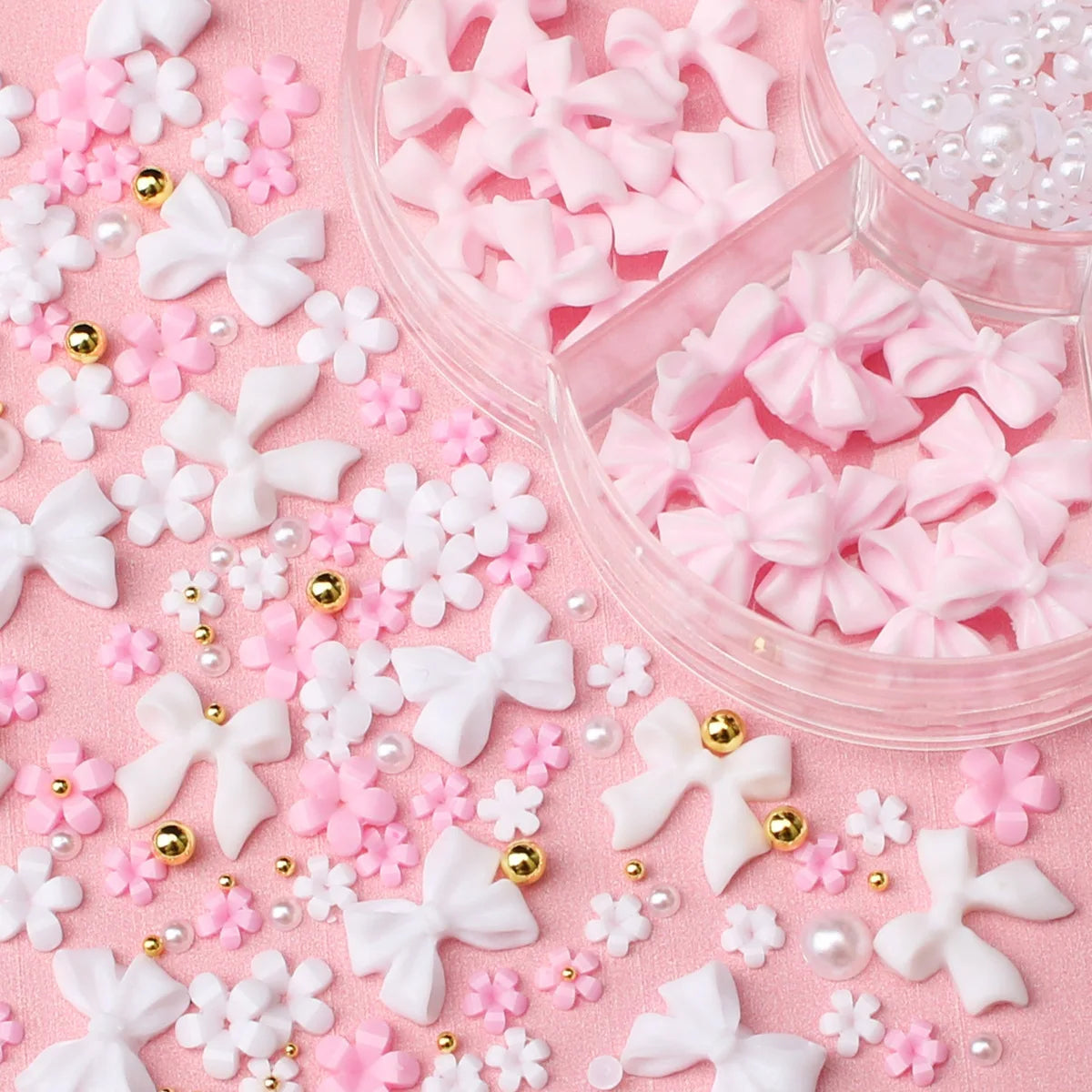1box 3D Flower Bow Nail Art Decorations Kit Pink/White Acrylic Floral/Peal Beads Nail Charm with Wax Pen/Tweezer 4/6mm Nail Part