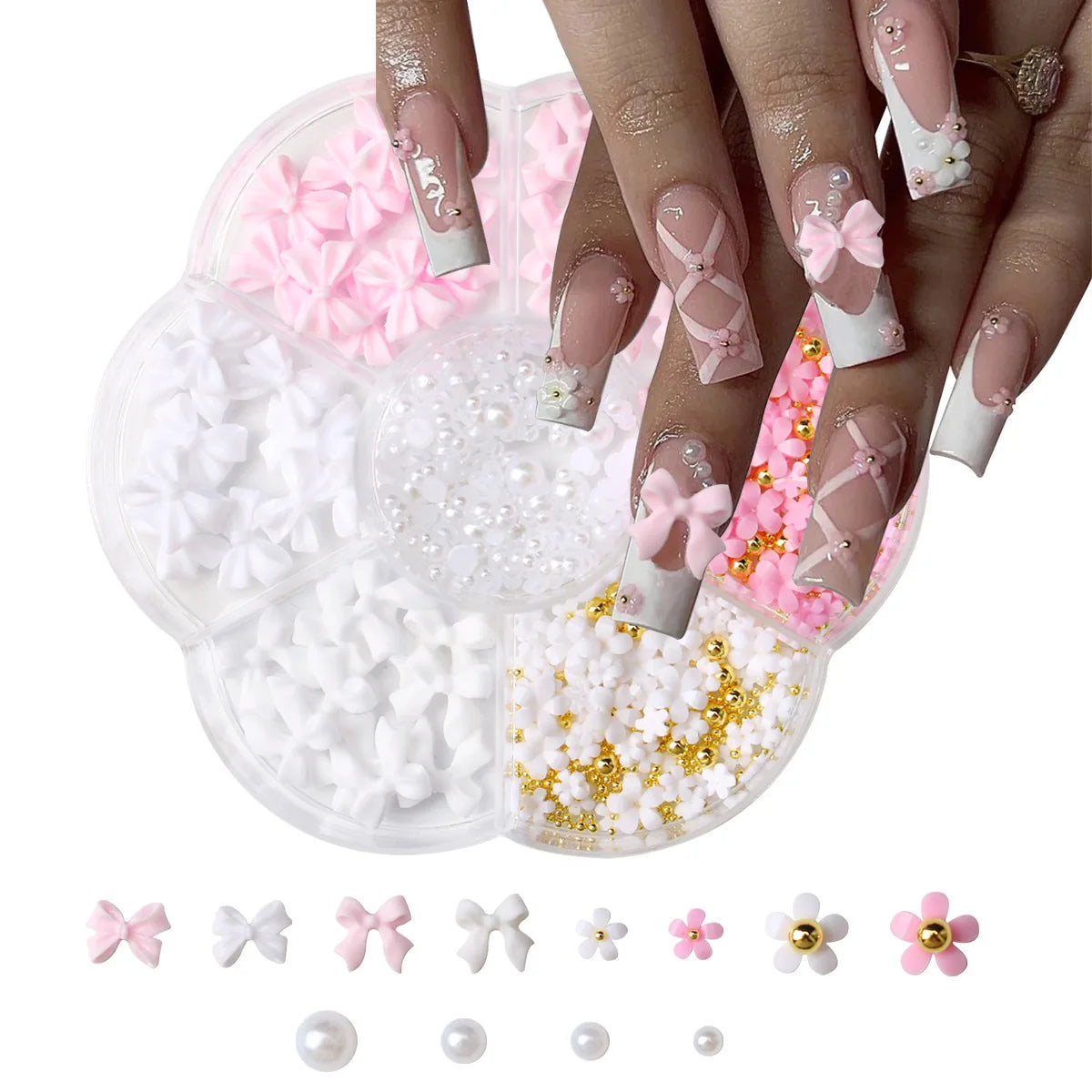 1box 3D Flower Bow Nail Art Decorations Kit Pink/White Acrylic Floral/Peal Beads Nail Charm with Wax Pen/Tweezer 4/6mm Nail Part