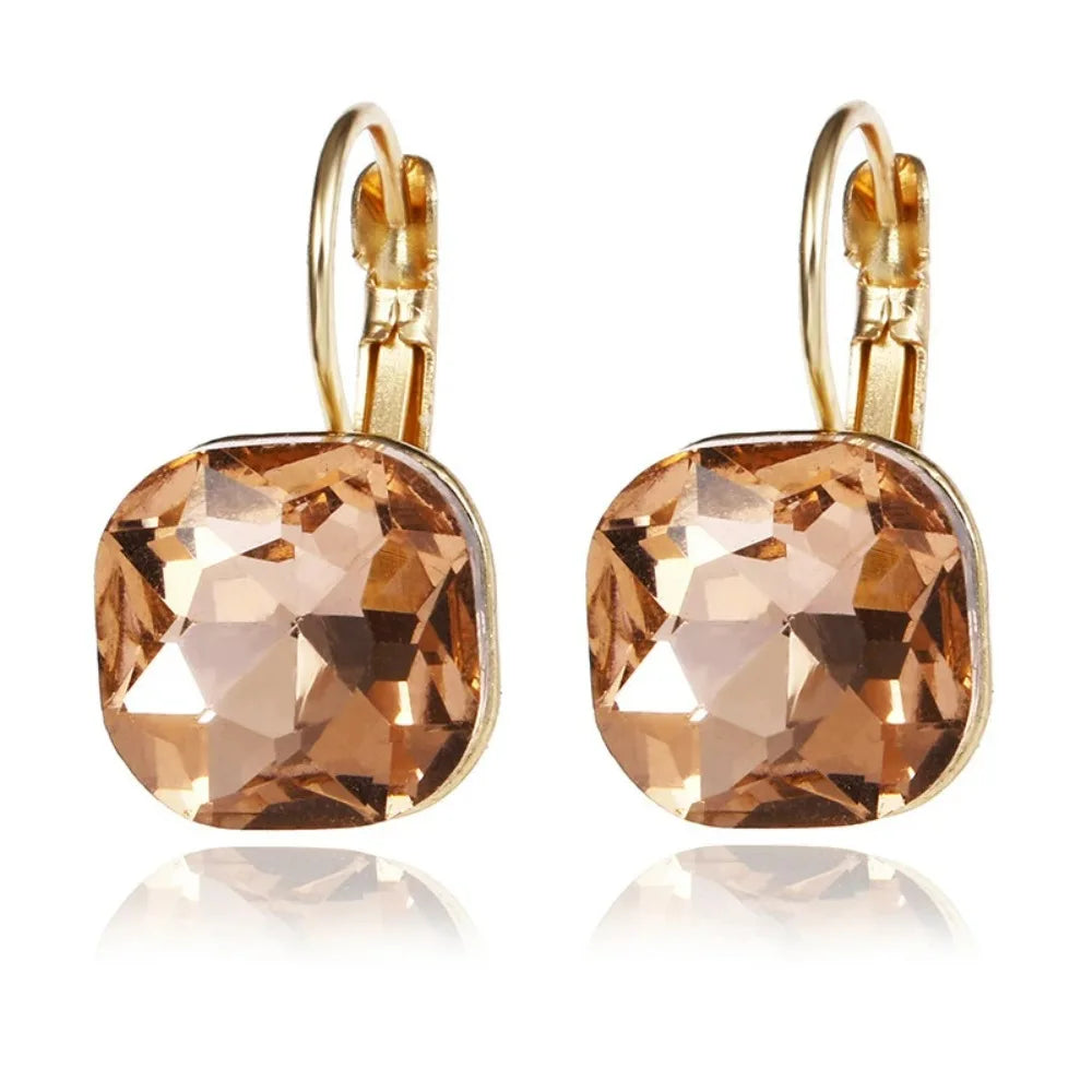 Gold Color Square White Pink Blue Green Purple Austrian Crystal Rhinestone Stud Earrings for Women Fashion Jewelry Gifts 2024