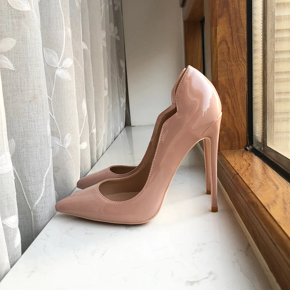 Tikicup Solid Nude Patent Women Pointy Toe Stiletto High Heels Slip On OL Wedding Party Dress Shoes Elegant Ladies Formal Pumps