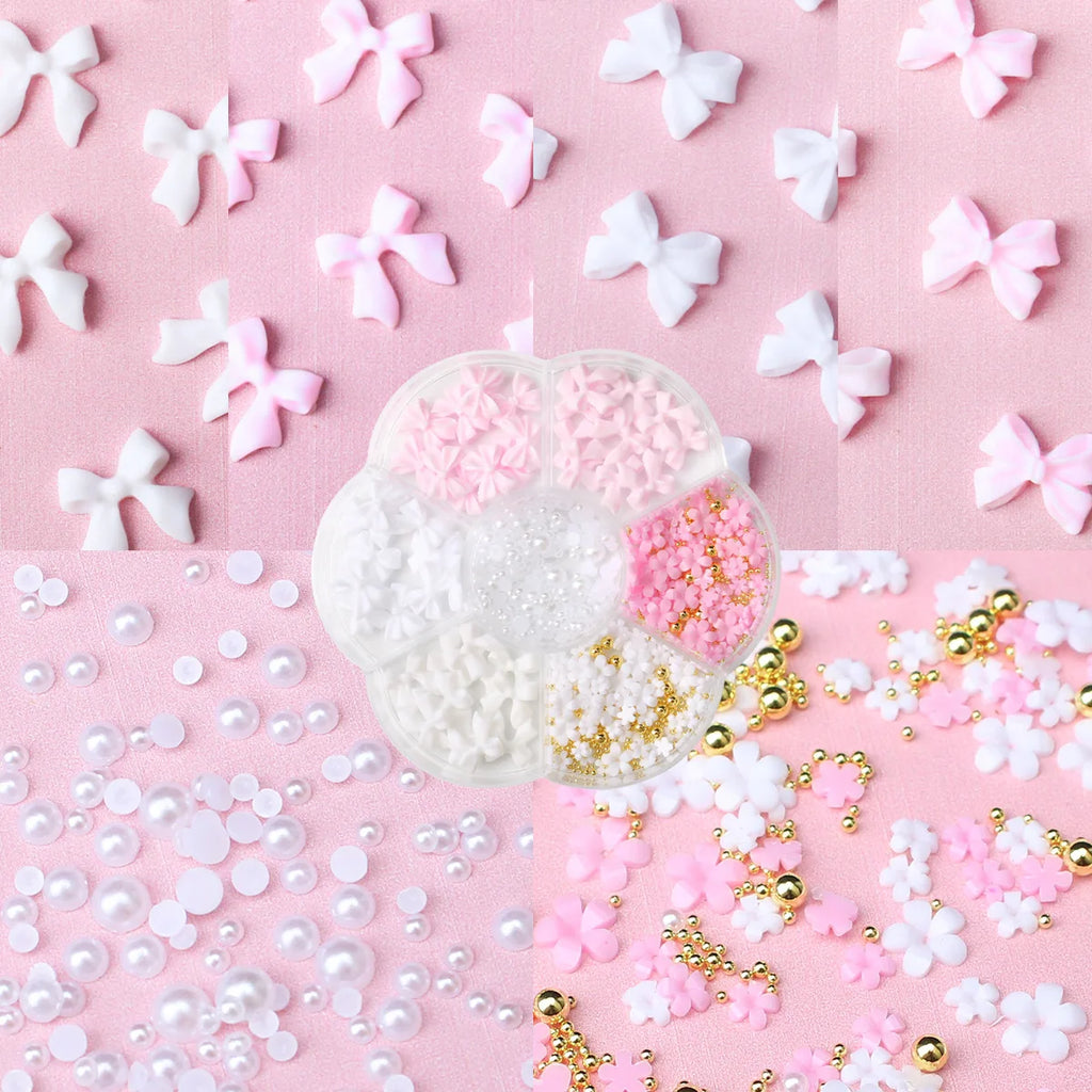 1box 3D Flower Bow Nail Art Decorations Kit Pink/White Acrylic Floral/Peal Beads Nail Charm with Wax Pen/Tweezer 4/6mm Nail Part