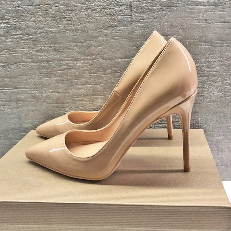 Tikicup Solid Nude Patent Women Pointy Toe Stiletto High Heels Slip On OL Wedding Party Dress Shoes Elegant Ladies Formal Pumps