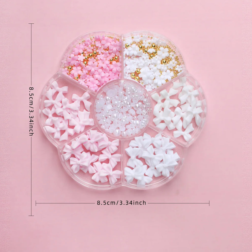1box 3D Flower Bow Nail Art Decorations Kit Pink/White Acrylic Floral/Peal Beads Nail Charm with Wax Pen/Tweezer 4/6mm Nail Part