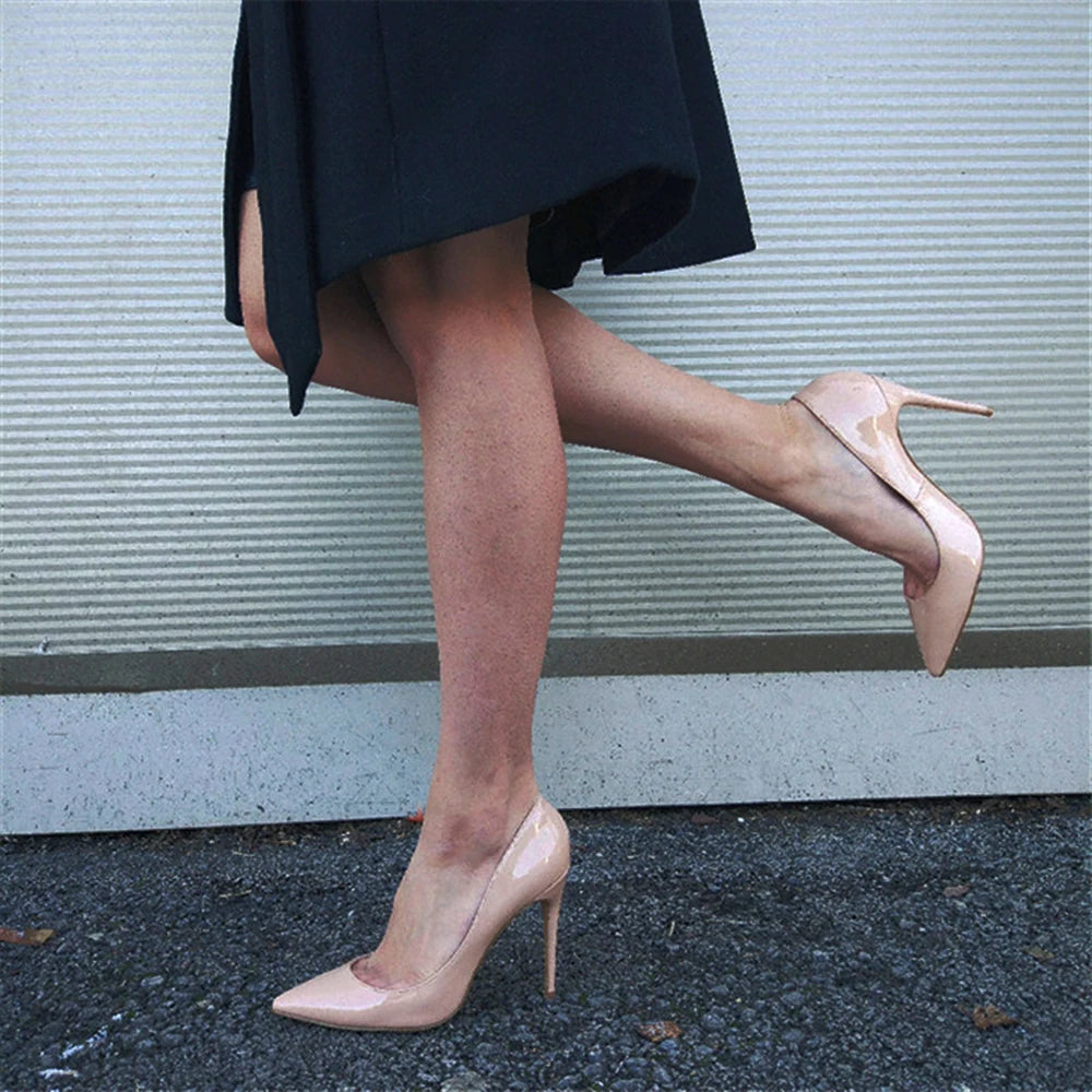 Tikicup Solid Nude Patent Women Pointy Toe Stiletto High Heels Slip On OL Wedding Party Dress Shoes Elegant Ladies Formal Pumps