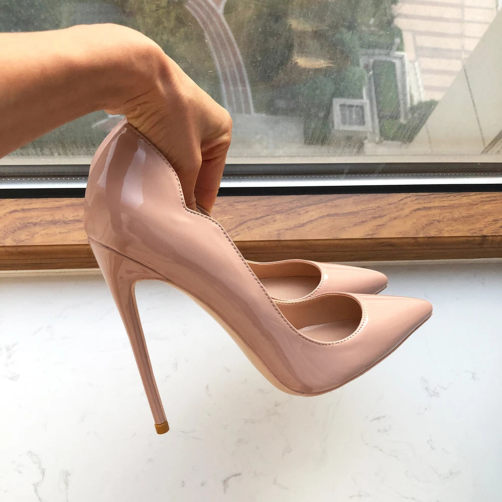 Tikicup Solid Nude Patent Women Pointy Toe Stiletto High Heels Slip On OL Wedding Party Dress Shoes Elegant Ladies Formal Pumps