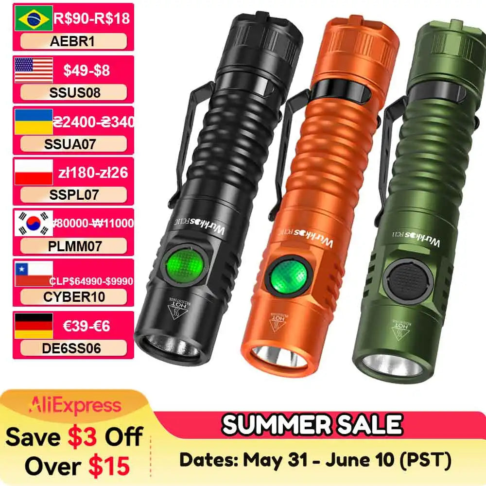 Wurkkos FC11C Flashlight Nippon Chemical 519A Mountaineering Edition 18650 Battery Max Output 1200 Lm USB-C Charging Daily Carry