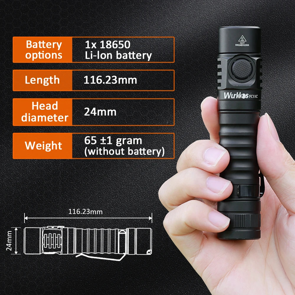 Wurkkos FC11C Flashlight Nippon Chemical 519A Mountaineering Edition 18650 Battery Max Output 1200 Lm USB-C Charging Daily Carry