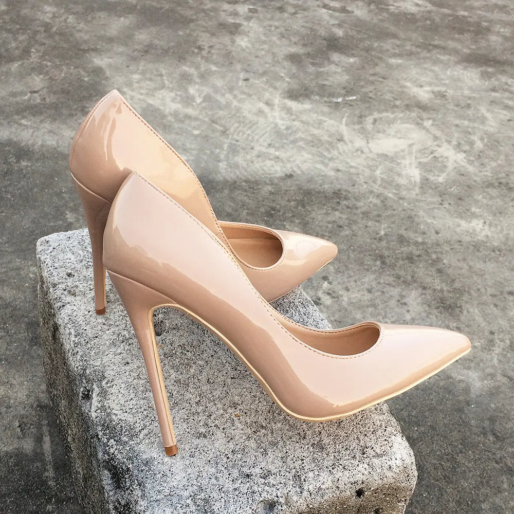 Tikicup Solid Nude Patent Women Pointy Toe Stiletto High Heels Slip On OL Wedding Party Dress Shoes Elegant Ladies Formal Pumps